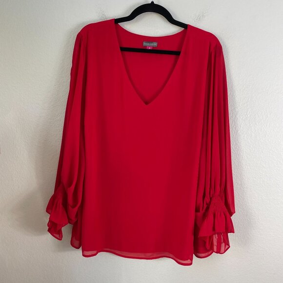 Vince Camuto Womens Plus 3X Red V Neck Chiffon Blouse Long Sleeve Shirt Top - Picture 6 of 11
